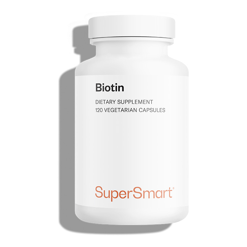 Bote de complemento alimenticio de biotina o vitamina B7 (también llamada vitamina B8 o vitamina H)