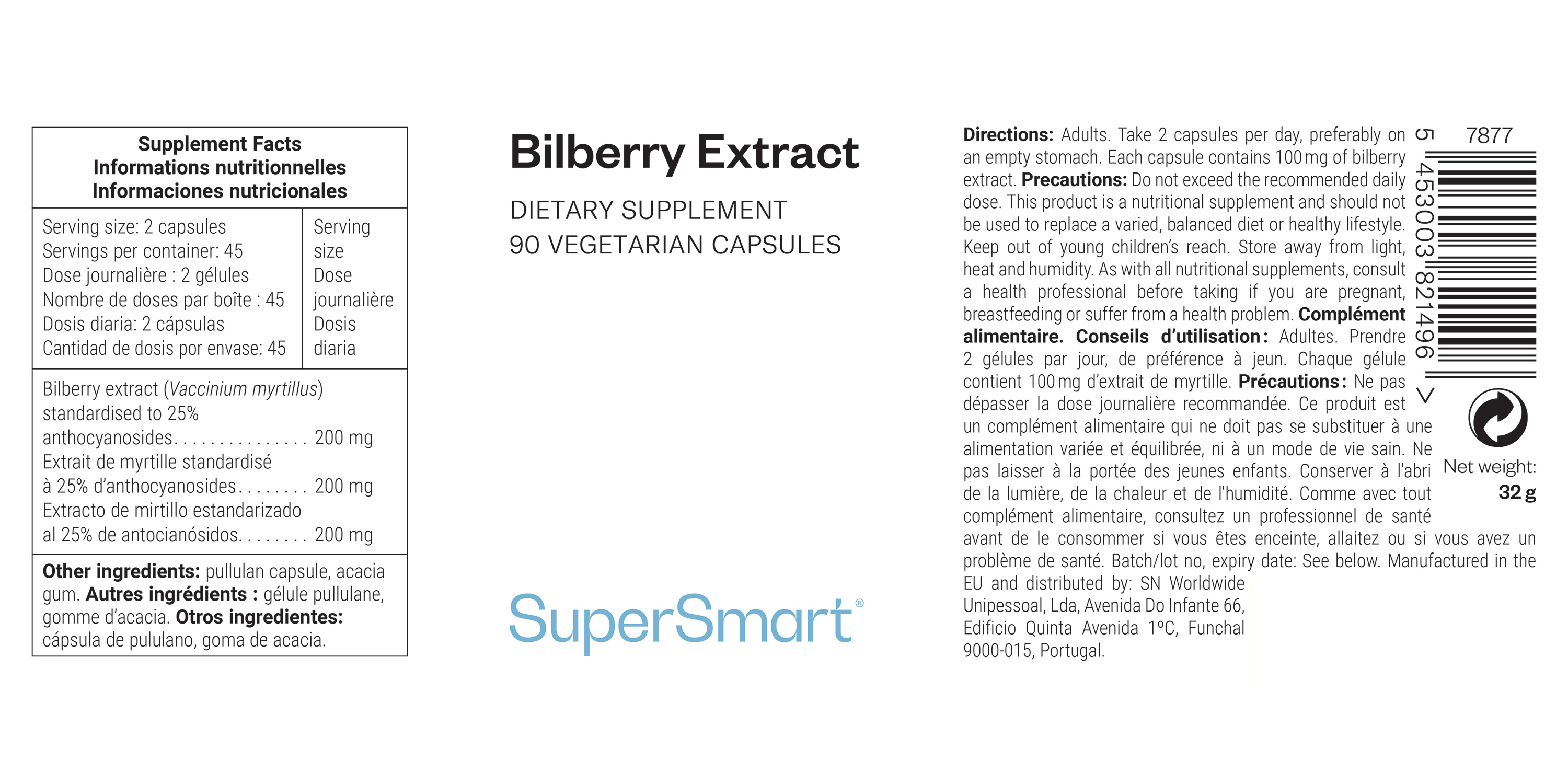 Bilberry Extract dietary supplement, contributes for eye health