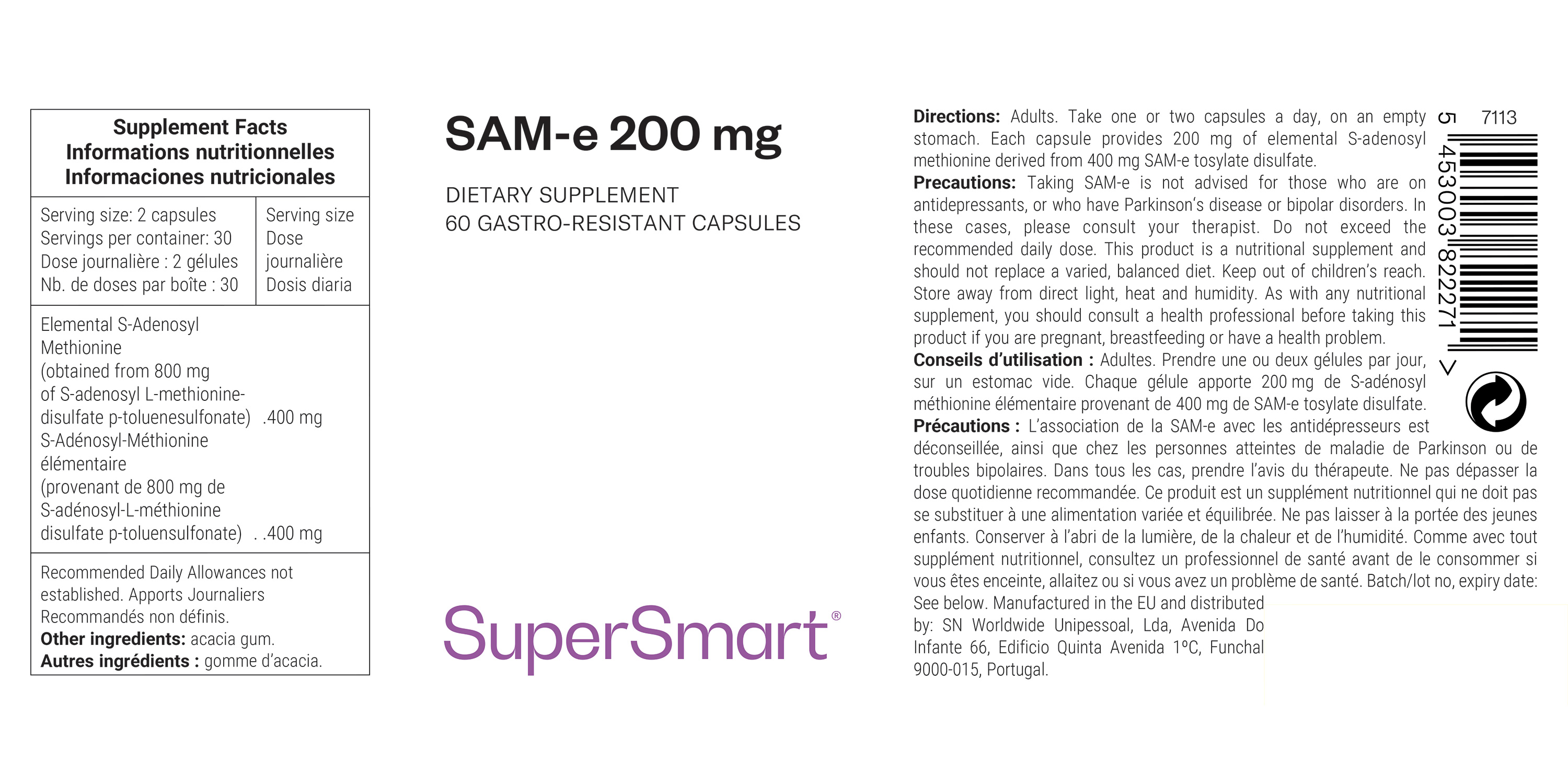 SAM-e suplemento alimentar, S-adenosil-L-metionina que contribui para o bem estar emocional