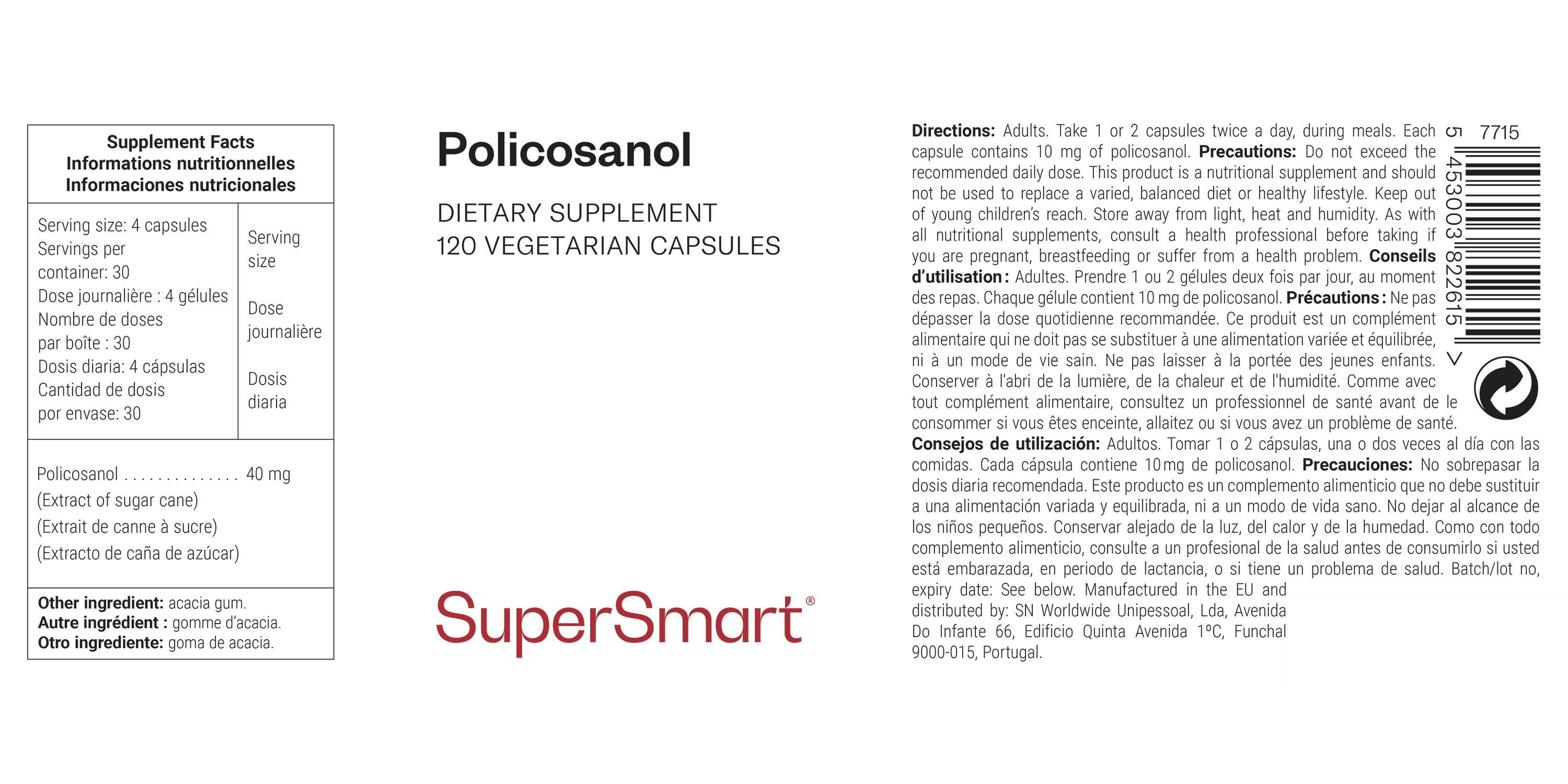 Policosanol dietary supplement, specific extract of sugar cane