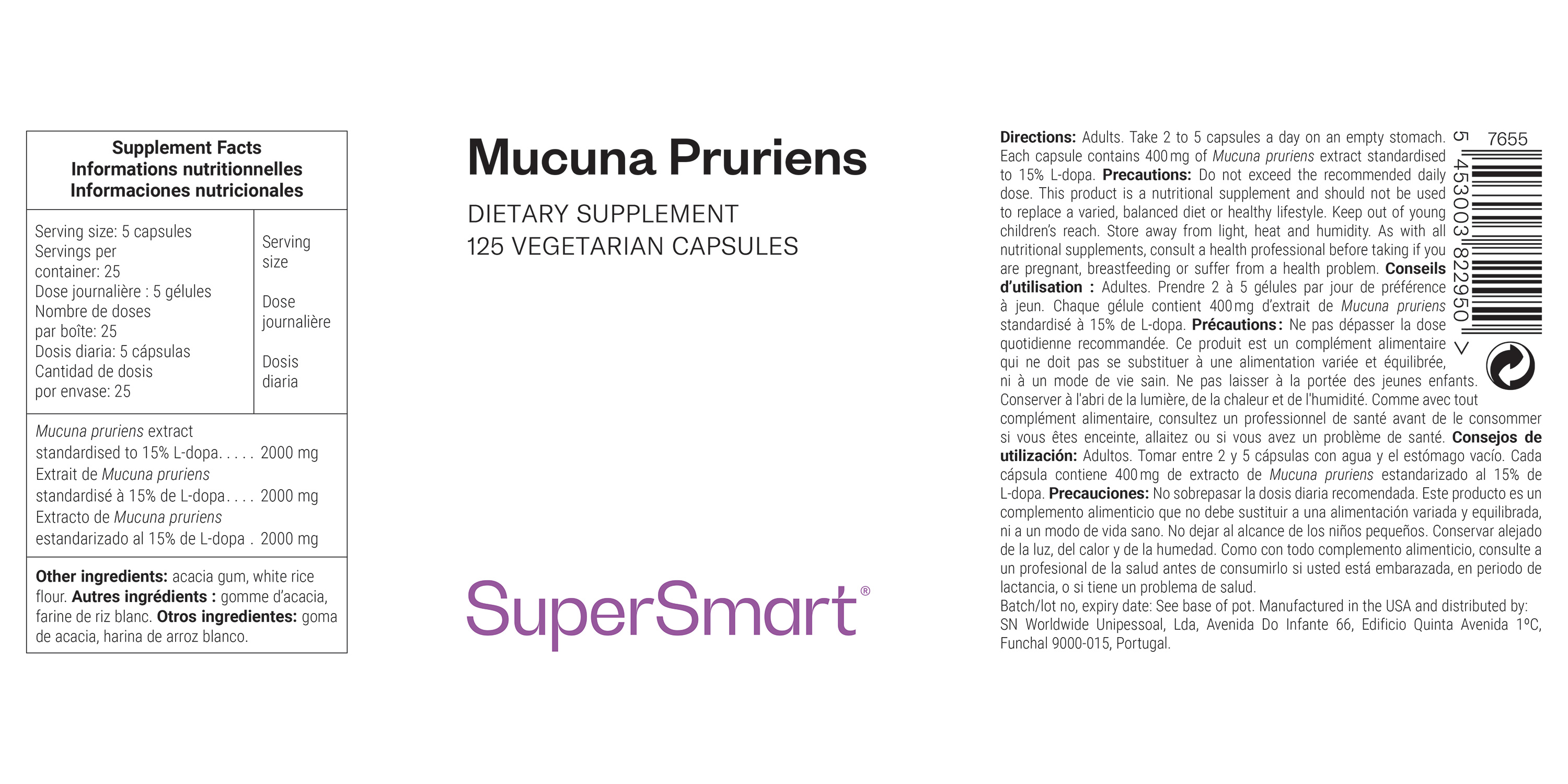 Mucuna pruriens dietary supplement, 15% L-Dopa