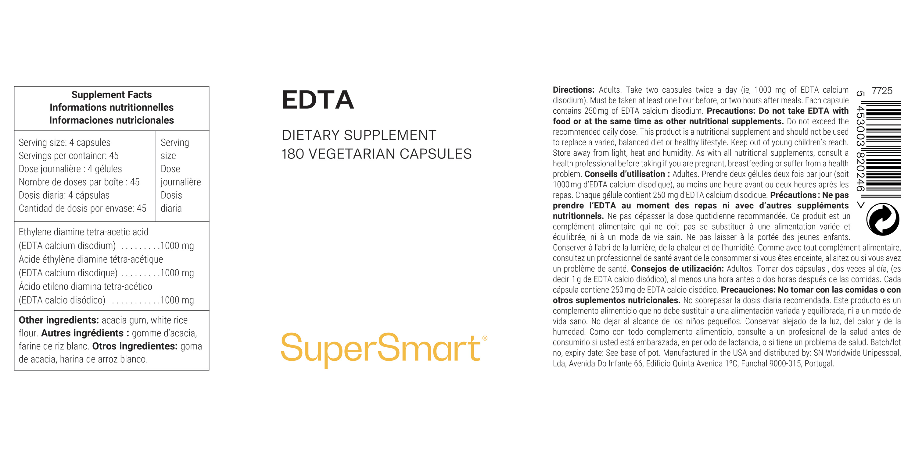 Complemento dietético EDTA, ácido etilendiaminotetraacético de desintoxicación