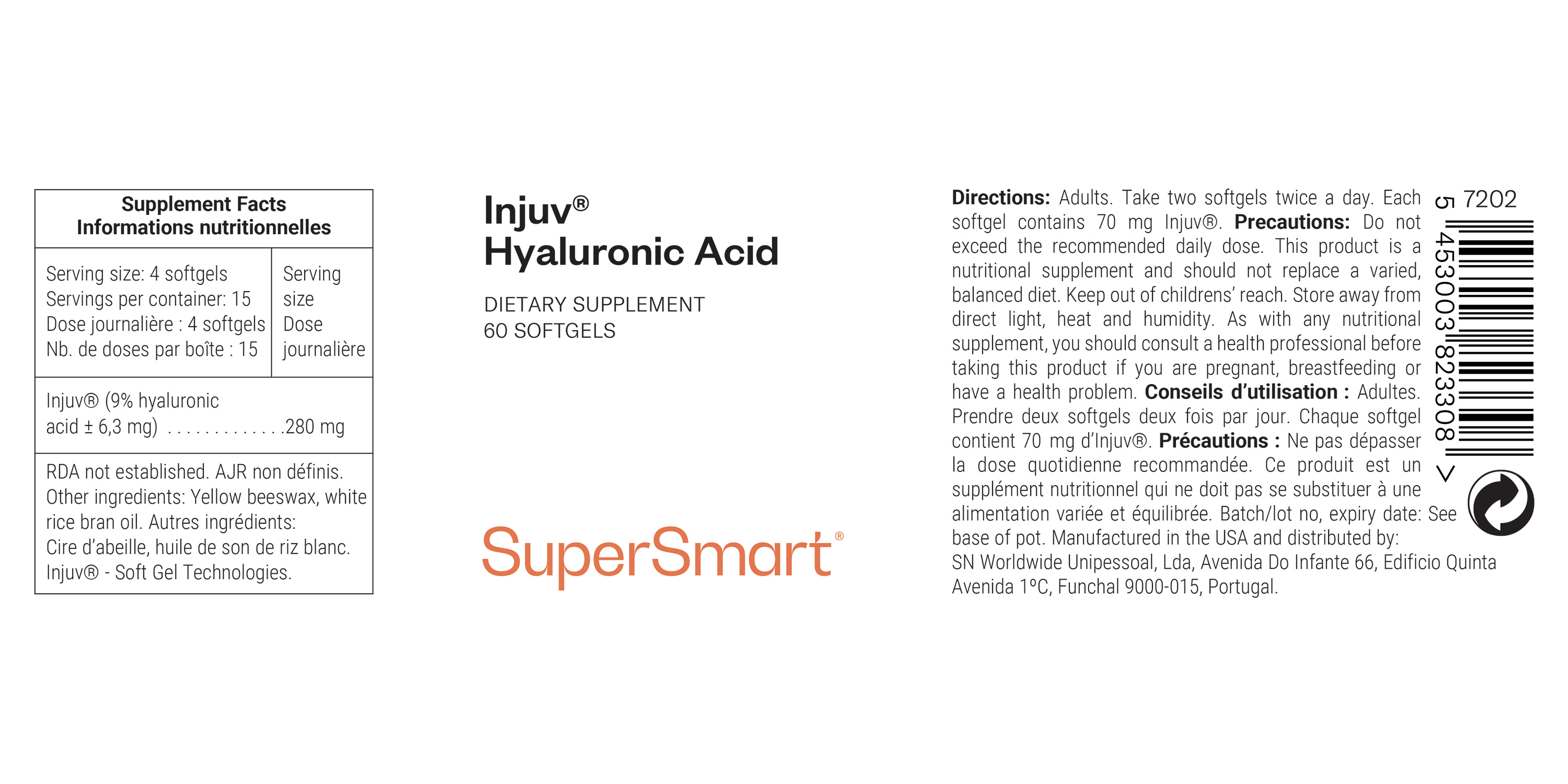 Injuv® Hyaluronic Acid dietary supplement, contributes for skin and joint hydration