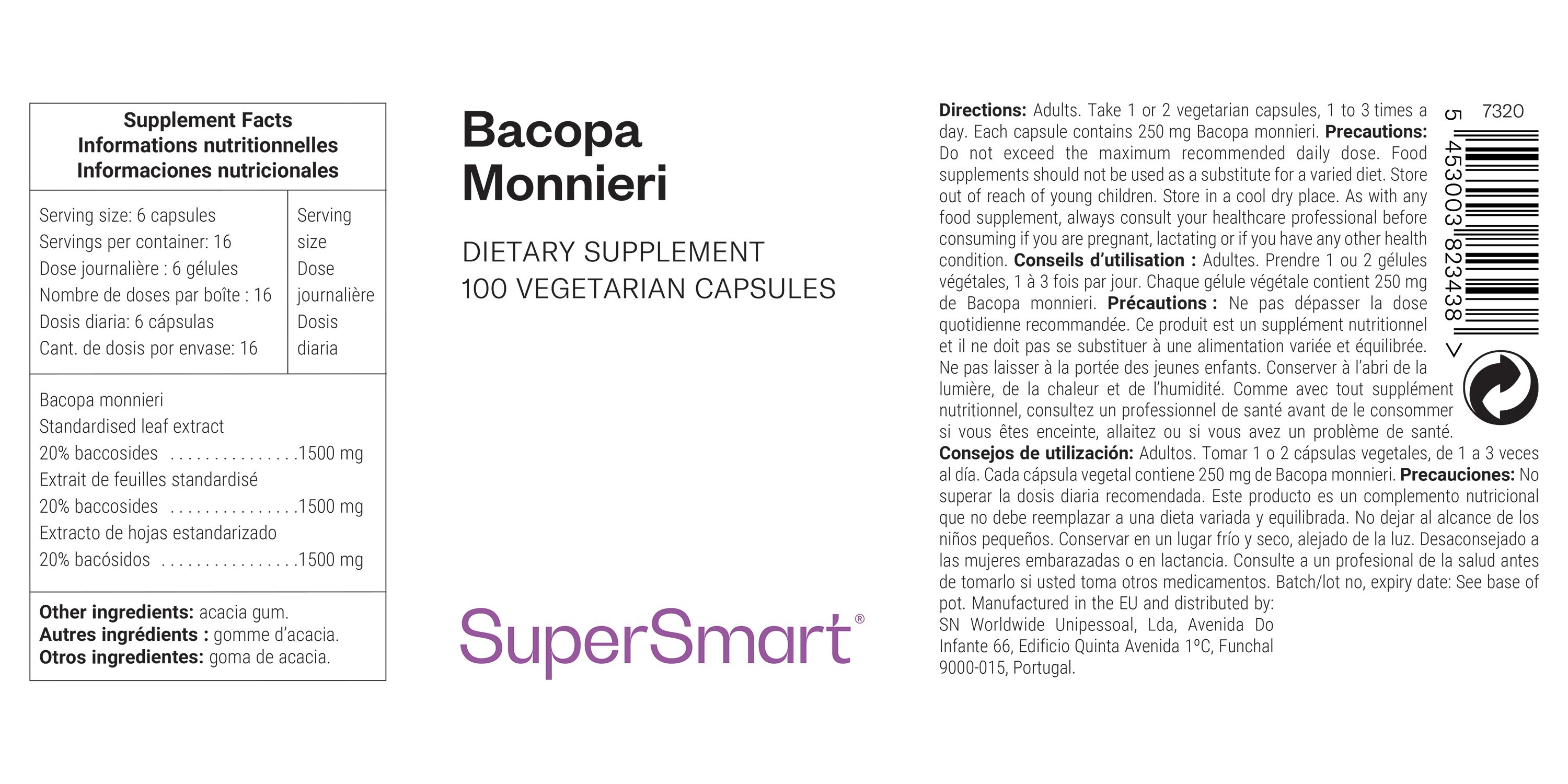 Bacopa Monnieri suplemento alimentar, 20 bacósidos