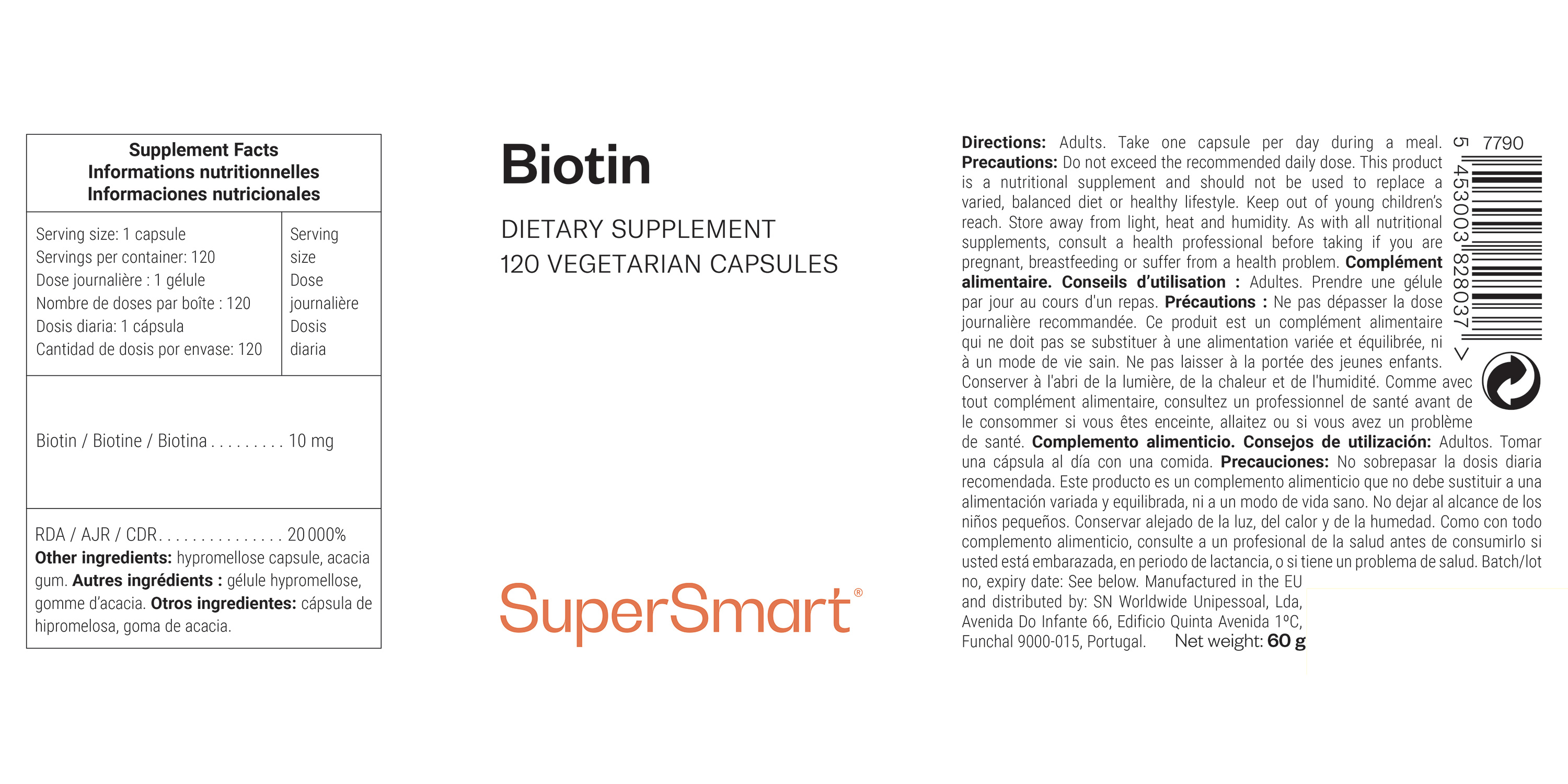 Bote de complemento alimenticio de biotina o vitamina B7 (también llamada vitamina B8 o vitamina H)