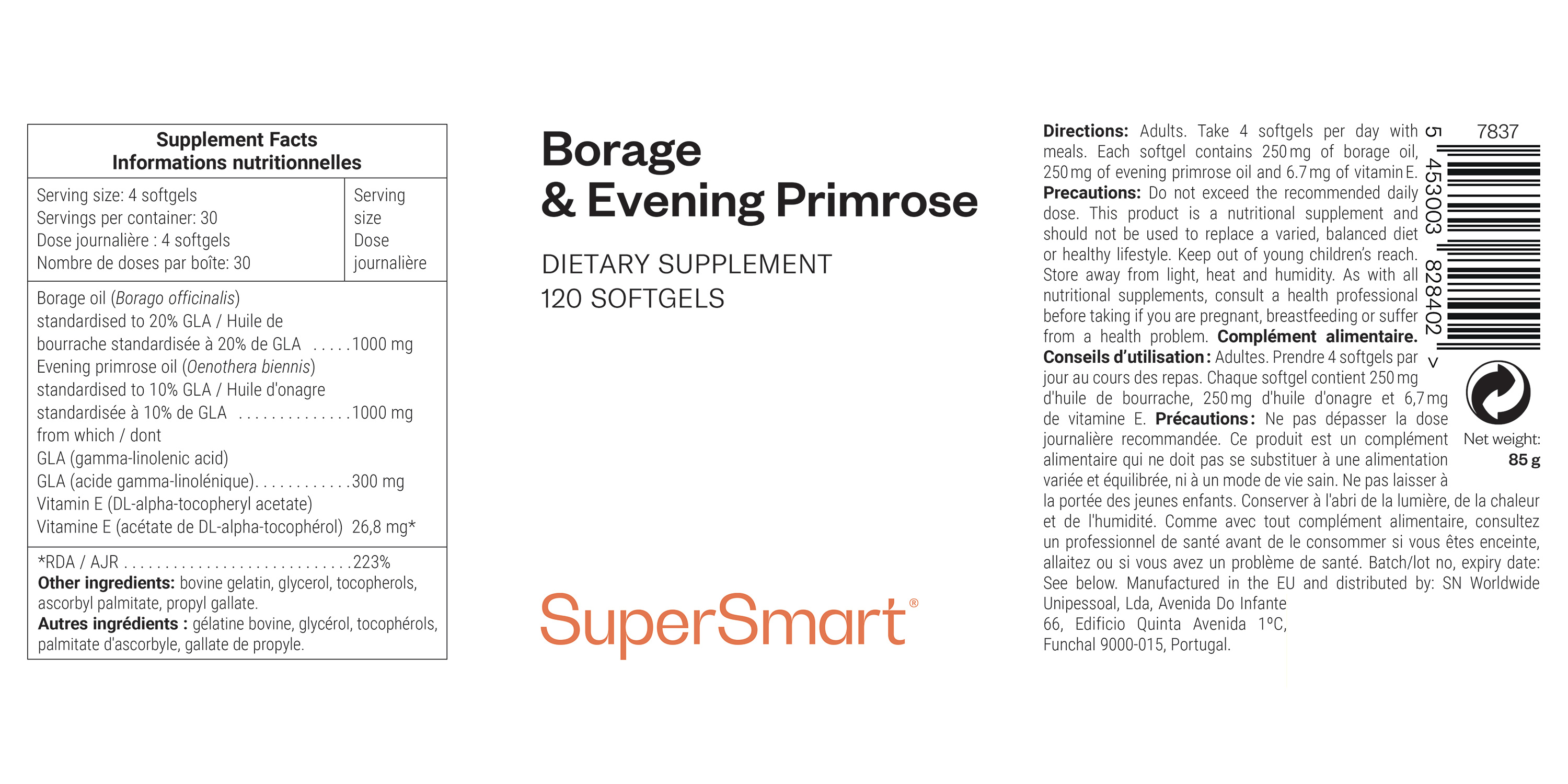 Complément alimentaire d'huile de bourrache et d'onagre